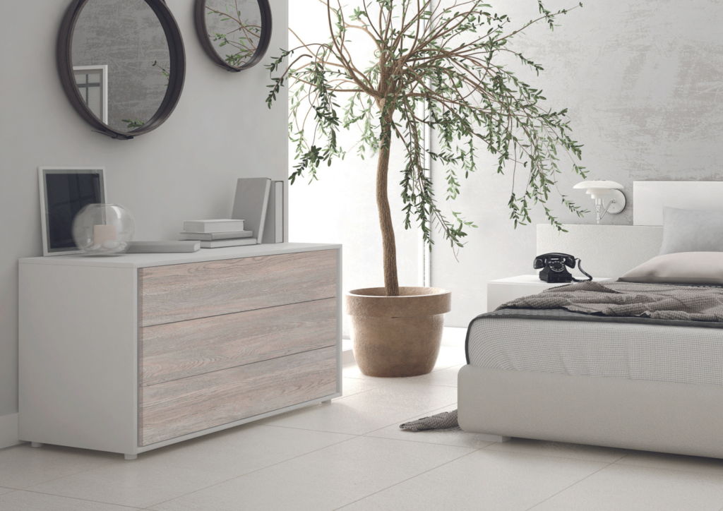 Modern bedroom with window, chest of drawer and big olive tree, concrete wall, minimalist interior design